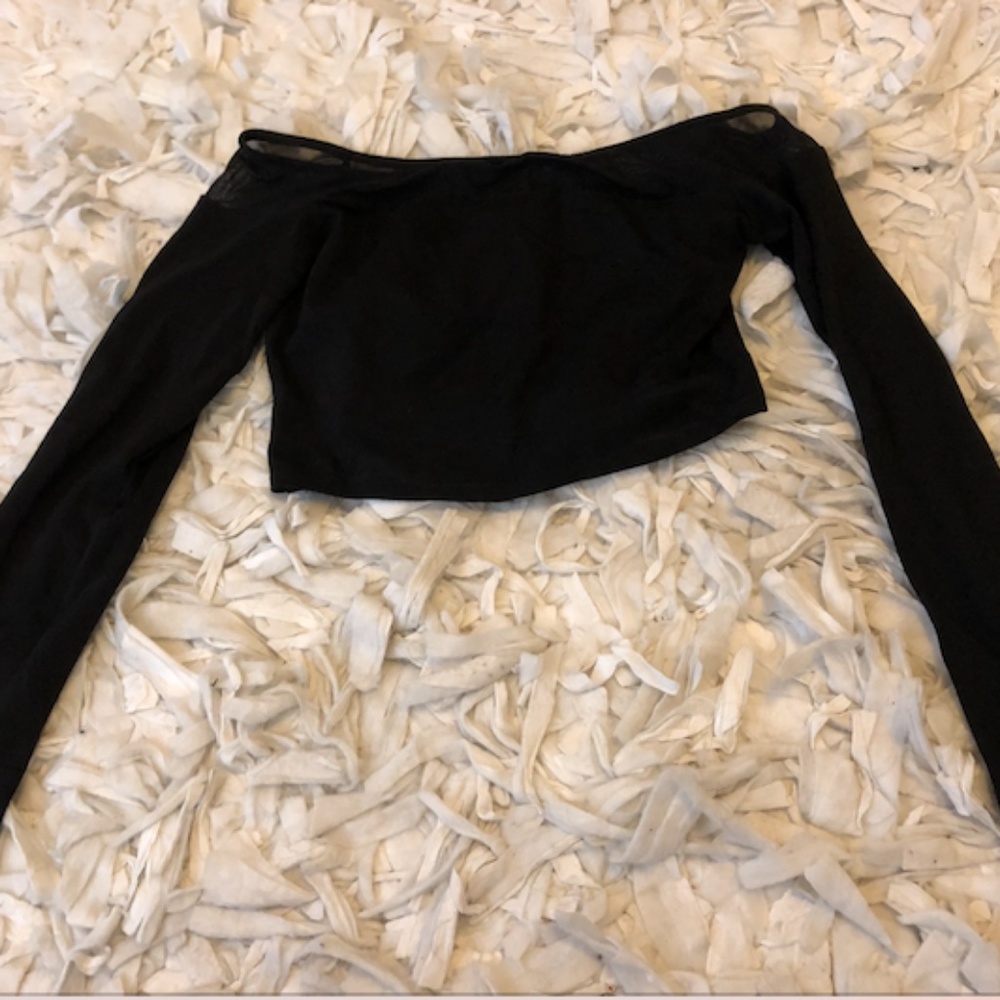 BLACK CROP TOP LONG SLEEVE MESH COLLAR